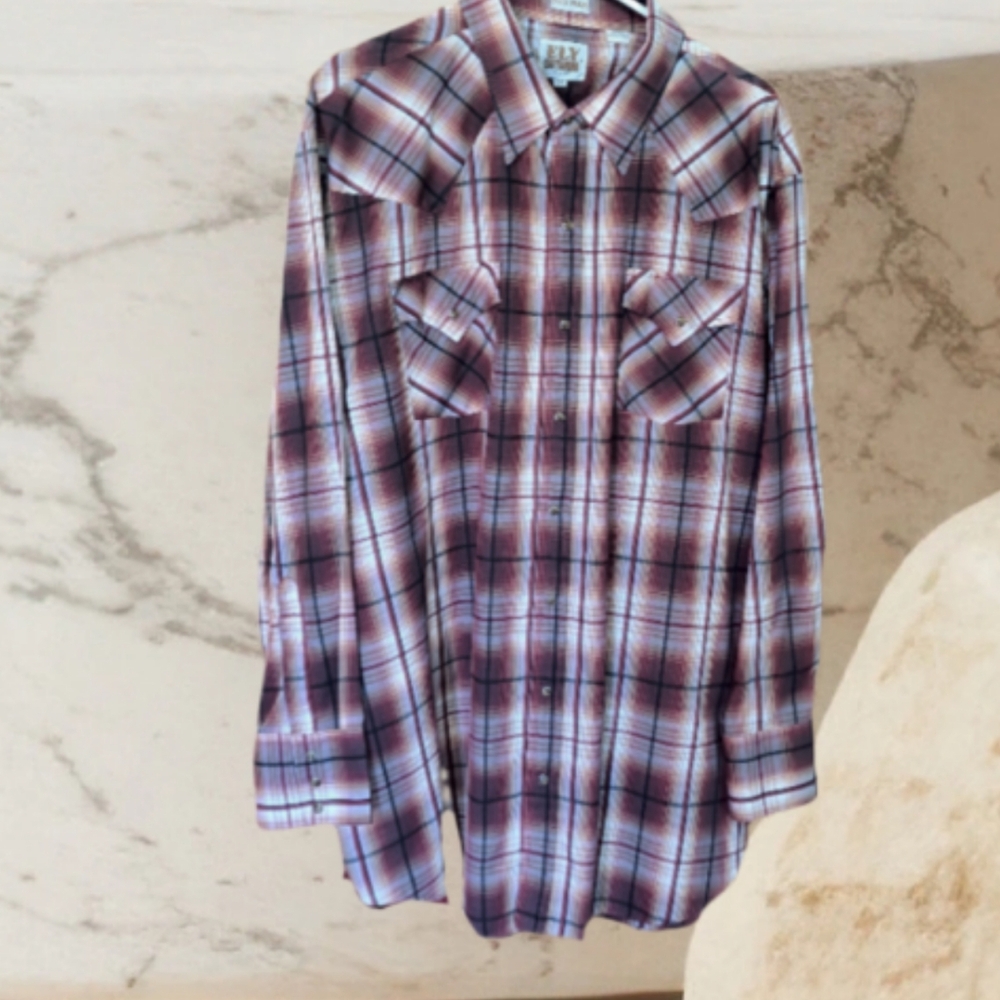 🔥🐎 Ely Cattleman Men's 2XL Pearl Snap Long Sleeve Brown Plaid Shirt. Pre-owned